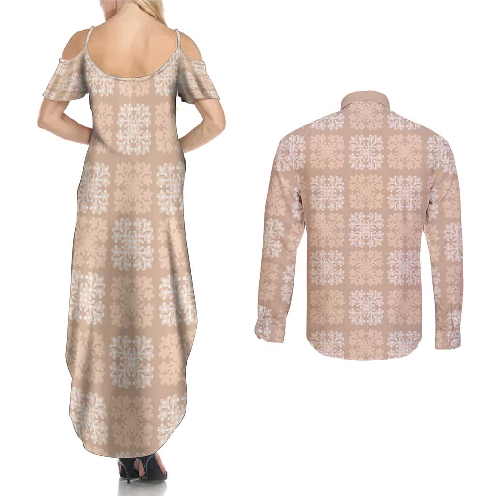 Beige Palaka Quilt Hawaii Couples Matching Summer Maxi Dress and Long Sleeve Button Shirt Traditional Hawaii-plaid Pattern - Polynesian Pride