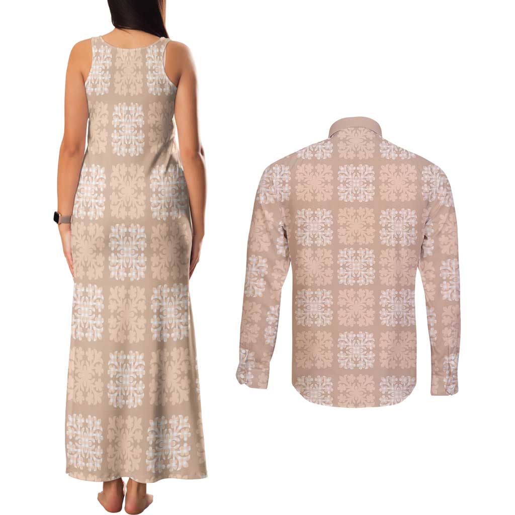 Beige Palaka Quilt Hawaii Couples Matching Tank Maxi Dress and Long Sleeve Button Shirt Traditional Hawaii-plaid Pattern - Polynesian Pride