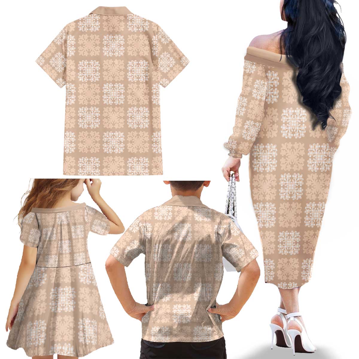 Beige Palaka Quilt Hawaii Family Matching Off The Shoulder Long Sleeve Dress and Hawaiian Shirt Traditional Hawaii-plaid Pattern LT14 - Polynesian Pride
