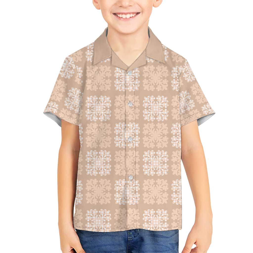 Beige Palaka Quilt Hawaii Family Matching Off Shoulder Short Dress and Hawaiian Shirt Traditional Hawaii-plaid Pattern - Polynesian Pride