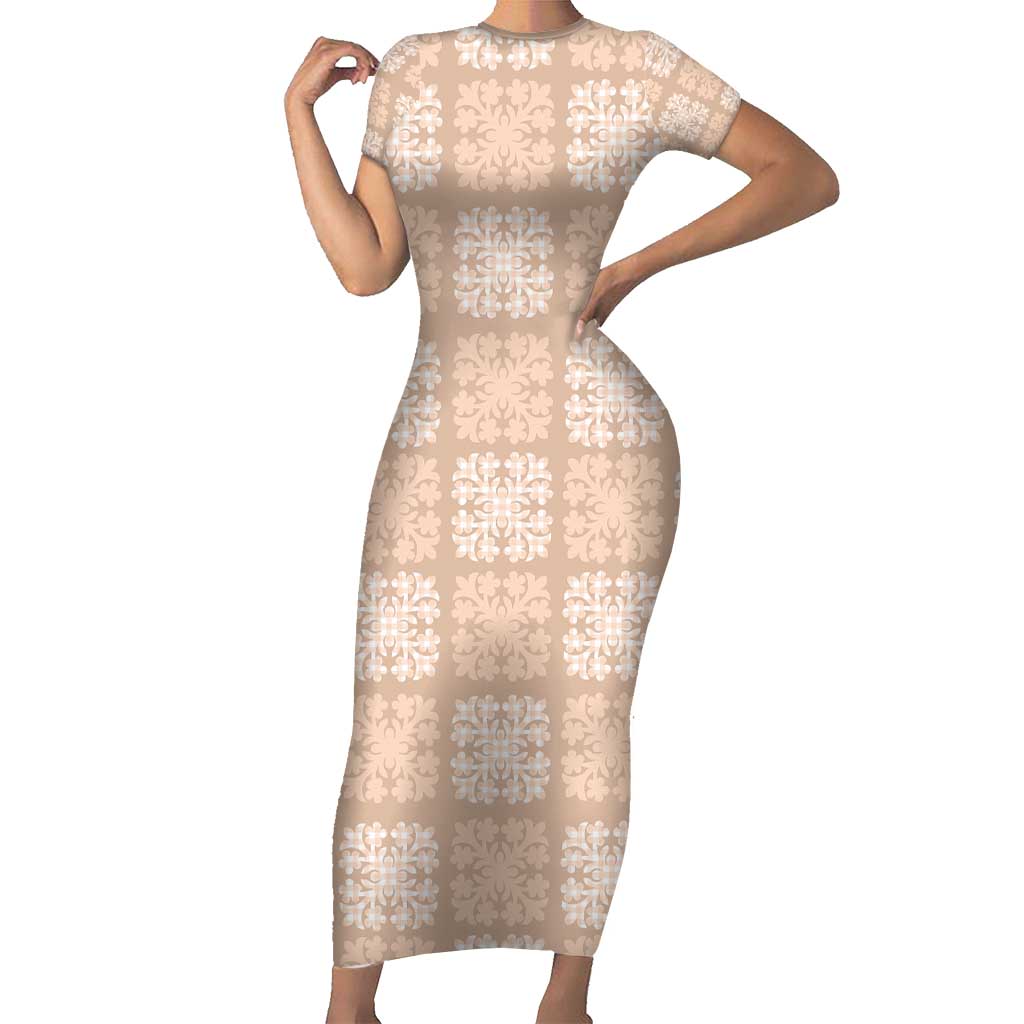 Beige Palaka Quilt Hawaii Family Matching Short Sleeve Bodycon Dress and Hawaiian Shirt Traditional Hawaii-plaid Pattern LT14 Mom's Dress Beige - Polynesian Pride