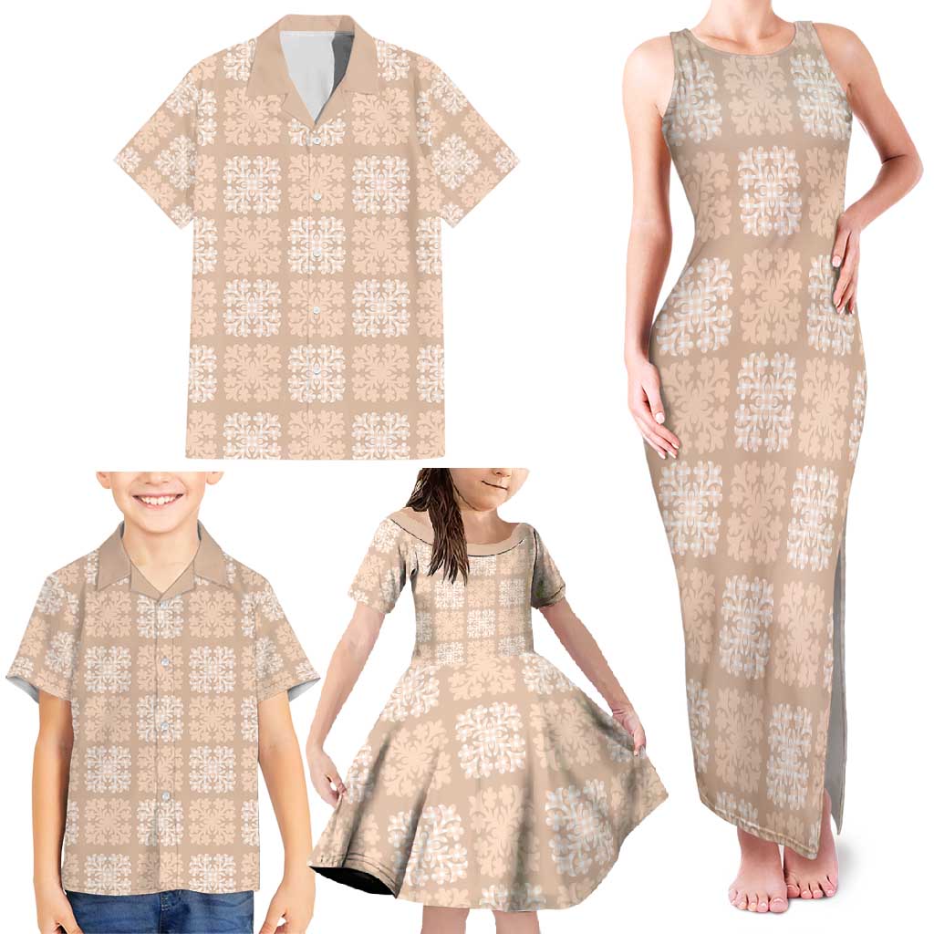 Beige Palaka Quilt Hawaii Family Matching Tank Maxi Dress and Hawaiian Shirt Traditional Hawaii-plaid Pattern - Polynesian Pride