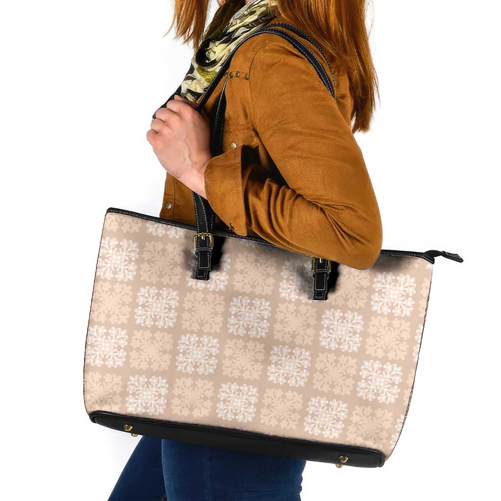 Beige Palaka Quilt Hawaii Leather Tote Bag Traditional Hawaii-plaid Pattern LT14 Beige - Polynesian Pride
