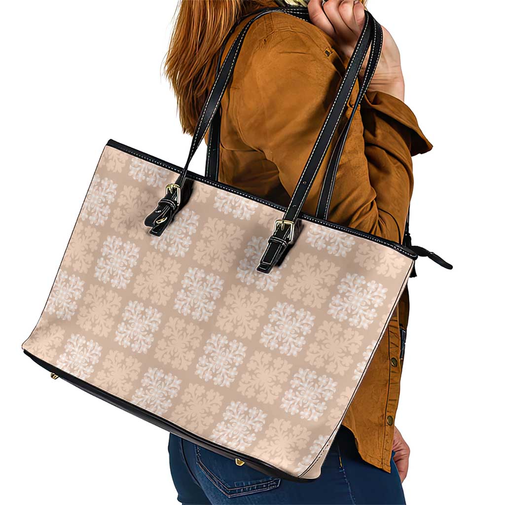 Beige Palaka Quilt Hawaii Leather Tote Bag Traditional Hawaii-plaid Pattern - Polynesian Pride