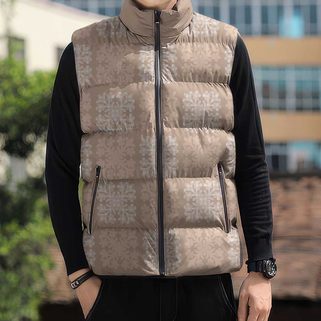 Beige Palaka Quilt Hawaii Sleeveless Puffer Jacket Traditional Hawaii-plaid Pattern - Polynesian Pride
