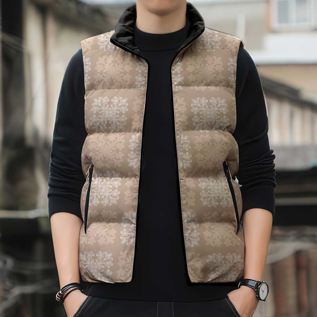 Beige Palaka Quilt Hawaii Sleeveless Puffer Jacket Traditional Hawaii-plaid Pattern - Polynesian Pride