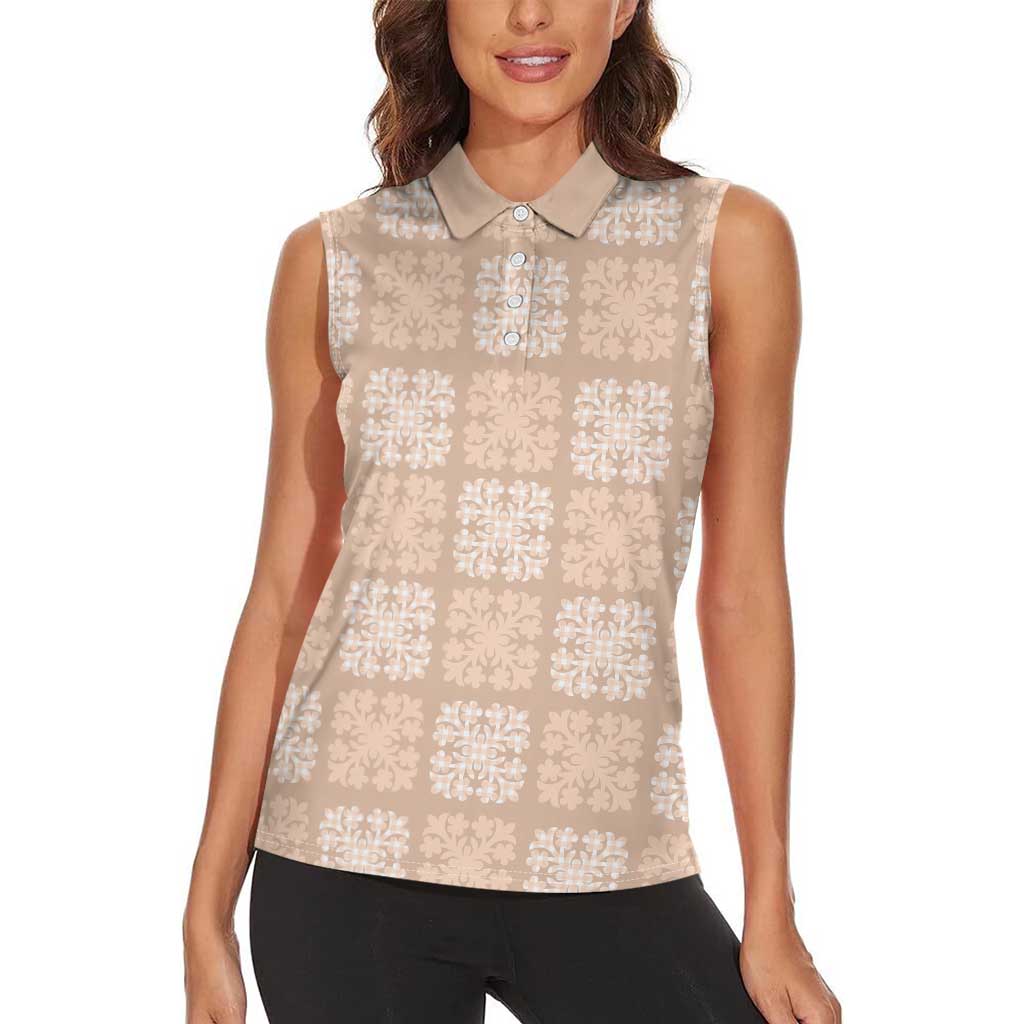 Beige Palaka Quilt Hawaii Women Sleeveless Polo Shirt Traditional Hawaii-plaid Pattern - Polynesian Pride