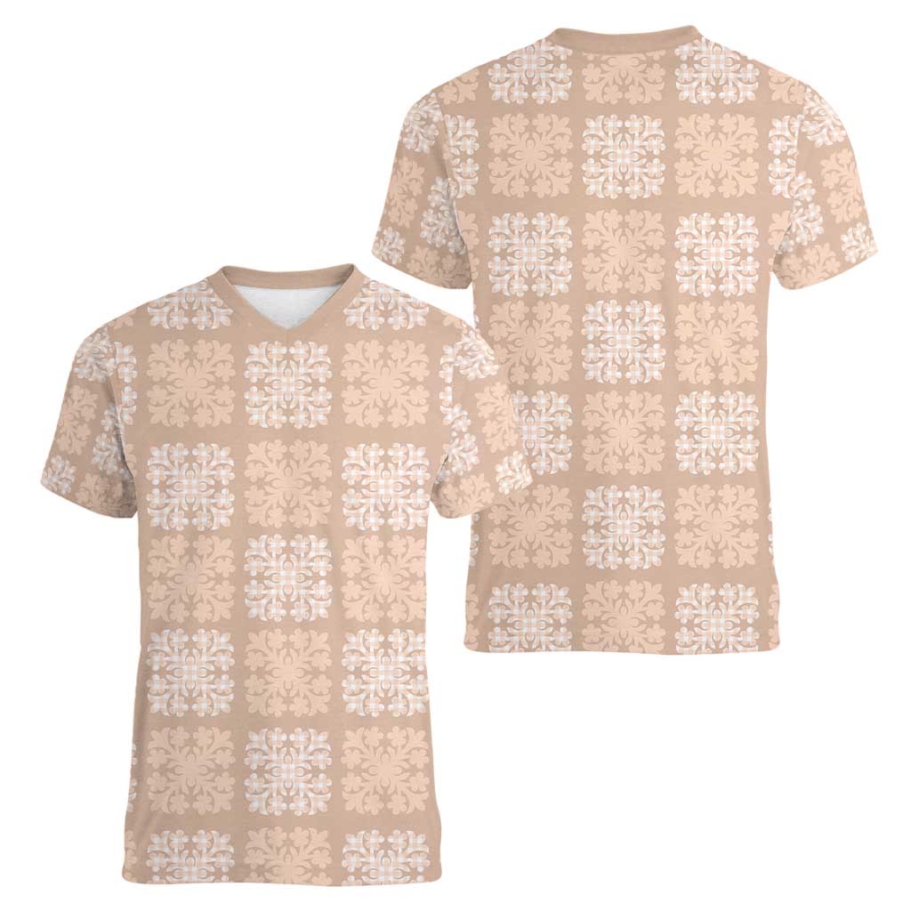 Beige Palaka Quilt Hawaii Women V-Neck T-Shirt Traditional Hawaii-plaid Pattern - Polynesian Pride