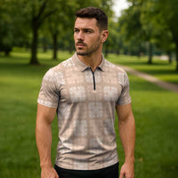 Beige Palaka Quilt Hawaii Zipper Polo Shirt Traditional Hawaii-plaid Pattern - Polynesian Pride