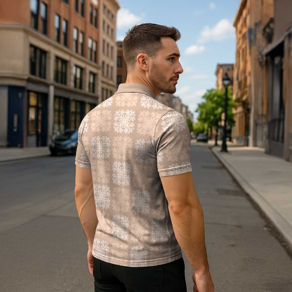Beige Palaka Quilt Hawaii Zipper Polo Shirt Traditional Hawaii-plaid Pattern - Polynesian Pride
