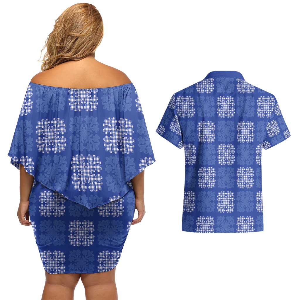 Royal Blue Palaka Quilt Hawaii Couples Matching Off Shoulder Short Dress and Hawaiian Shirt Traditional Hawaii-plaid Pattern LT14 - Polynesian Pride