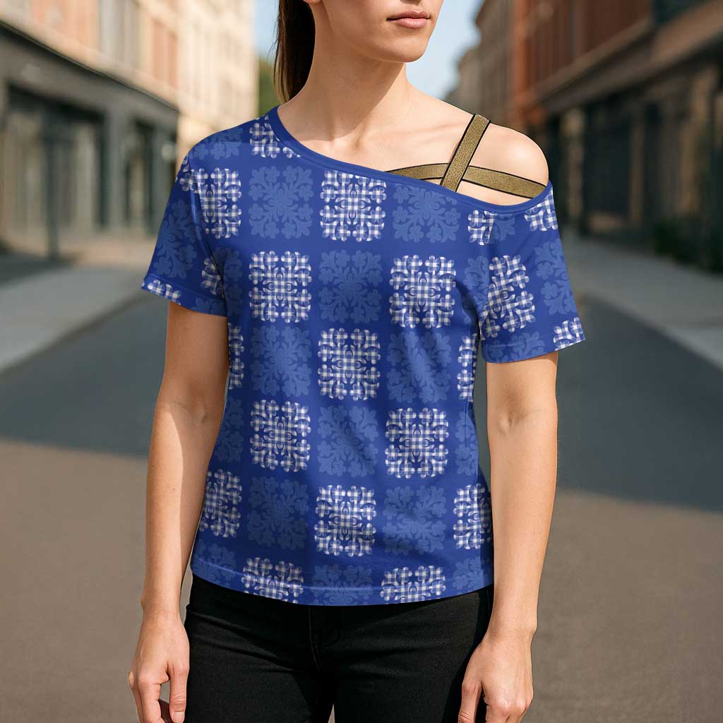 Royal Blue Palaka Quilt Hawaii Cross Shoulder Shirt Traditional Hawaii-plaid Pattern - Polynesian Pride