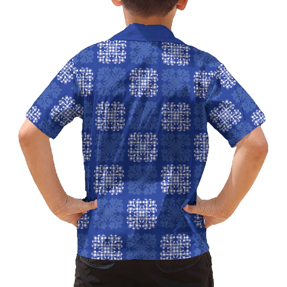 Royal Blue Palaka Quilt Hawaii Family Matching Off The Shoulder Long Sleeve Dress and Hawaiian Shirt Traditional Hawaii-plaid Pattern LT14 - Polynesian Pride