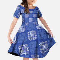 Royal Blue Palaka Quilt Hawaii Family Matching Off The Shoulder Long Sleeve Dress and Hawaiian Shirt Traditional Hawaii-plaid Pattern LT14 Daughter's Dress Royal Blue - Polynesian Pride
