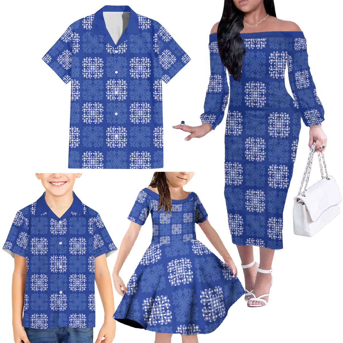 Royal Blue Palaka Quilt Hawaii Family Matching Off The Shoulder Long Sleeve Dress and Hawaiian Shirt Traditional Hawaii-plaid Pattern LT14 - Polynesian Pride