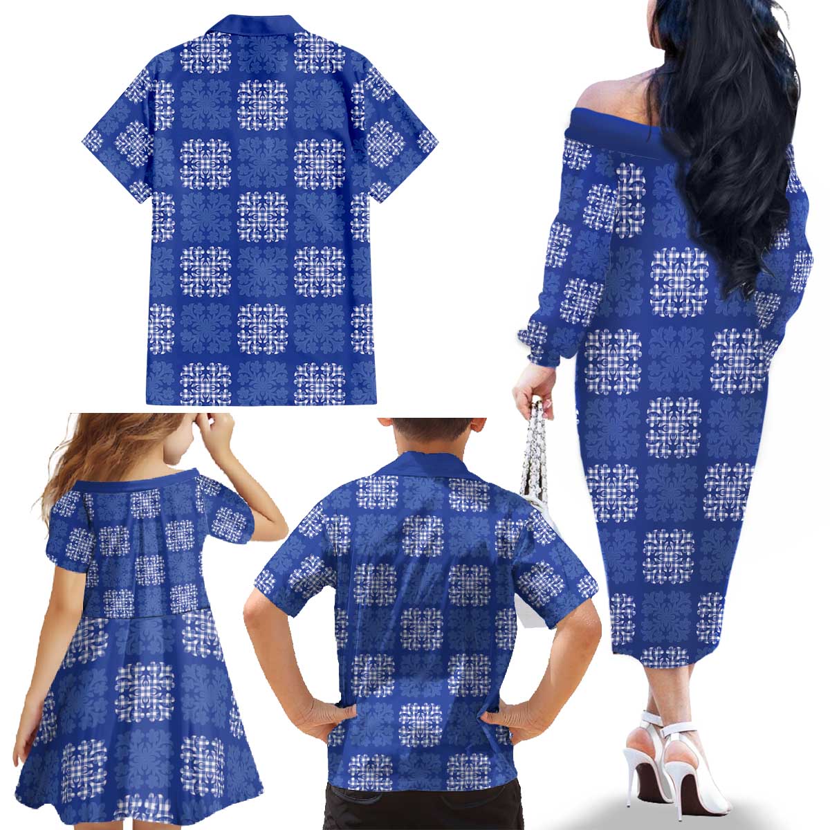 Royal Blue Palaka Quilt Hawaii Family Matching Off The Shoulder Long Sleeve Dress and Hawaiian Shirt Traditional Hawaii-plaid Pattern LT14 - Polynesian Pride