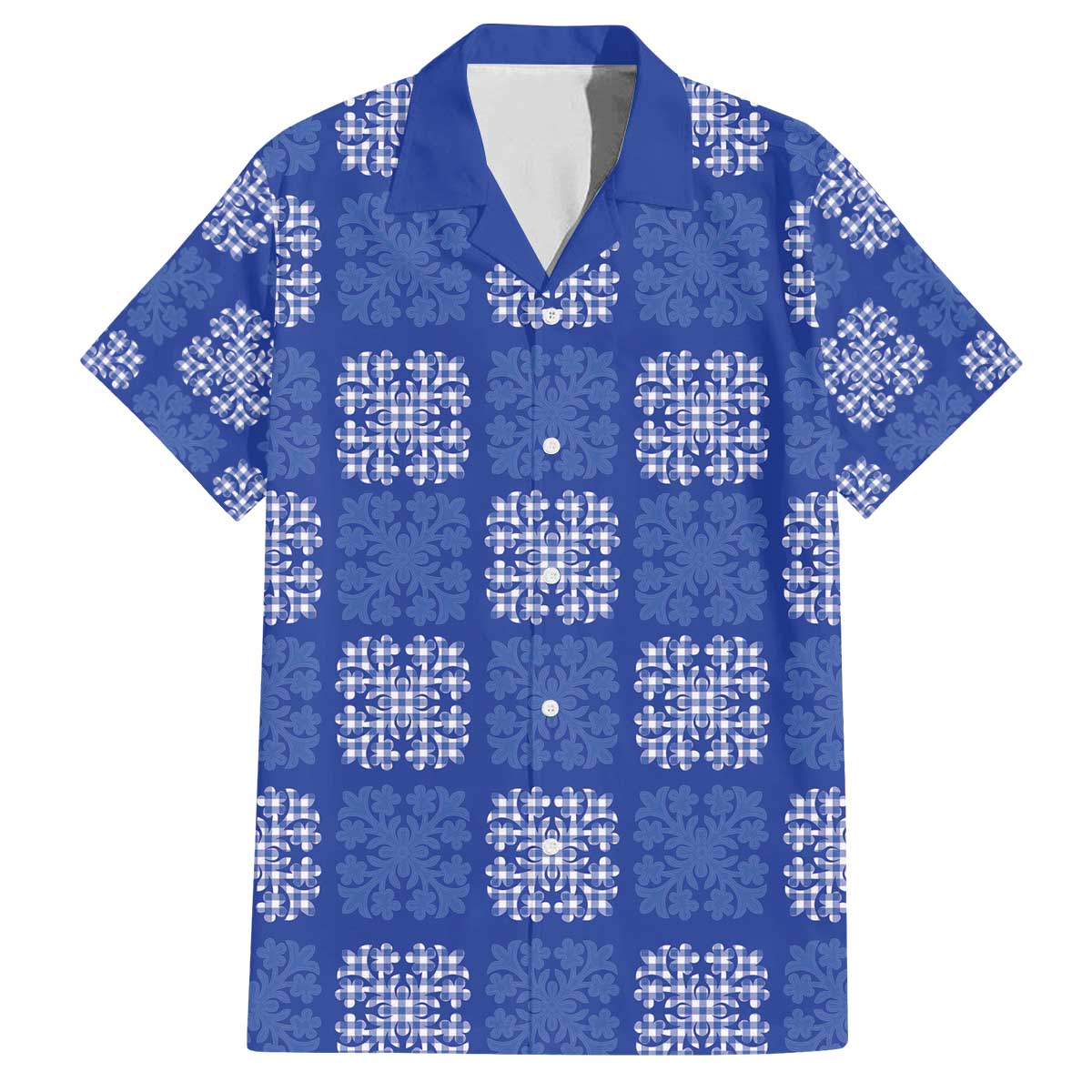 Royal Blue Palaka Quilt Hawaii Family Matching Off The Shoulder Long Sleeve Dress and Hawaiian Shirt Traditional Hawaii-plaid Pattern LT14 Dad's Shirt - Short Sleeve Royal Blue - Polynesian Pride