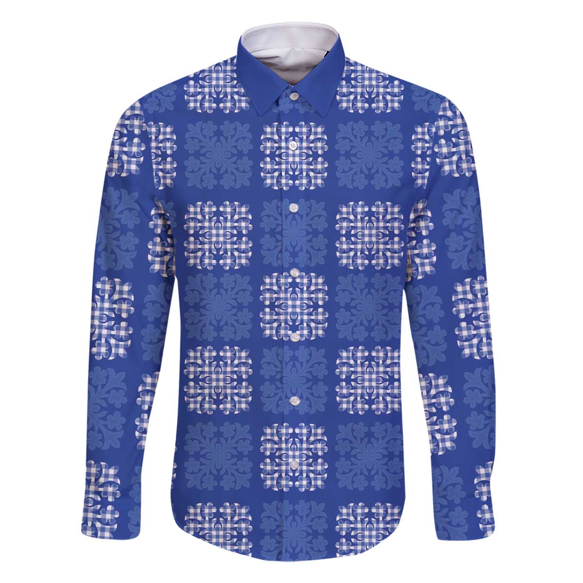 Royal Blue Palaka Quilt Hawaii Family Matching Off The Shoulder Long Sleeve Dress and Hawaiian Shirt Traditional Hawaii-plaid Pattern LT14 Dad's Shirt - Long Sleeve Royal Blue - Polynesian Pride