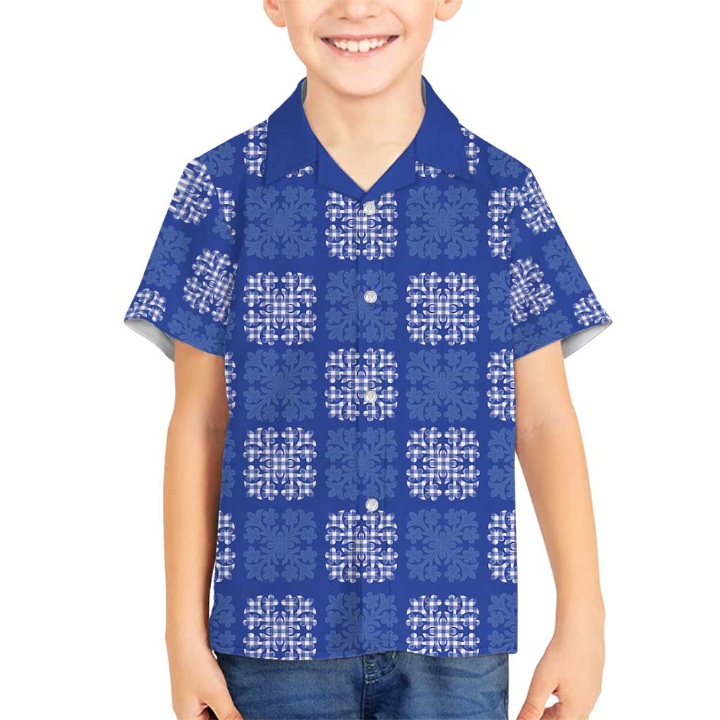Royal Blue Palaka Quilt Hawaii Family Matching Off Shoulder Maxi Dress and Hawaiian Shirt Traditional Hawaii-plaid Pattern - Polynesian Pride