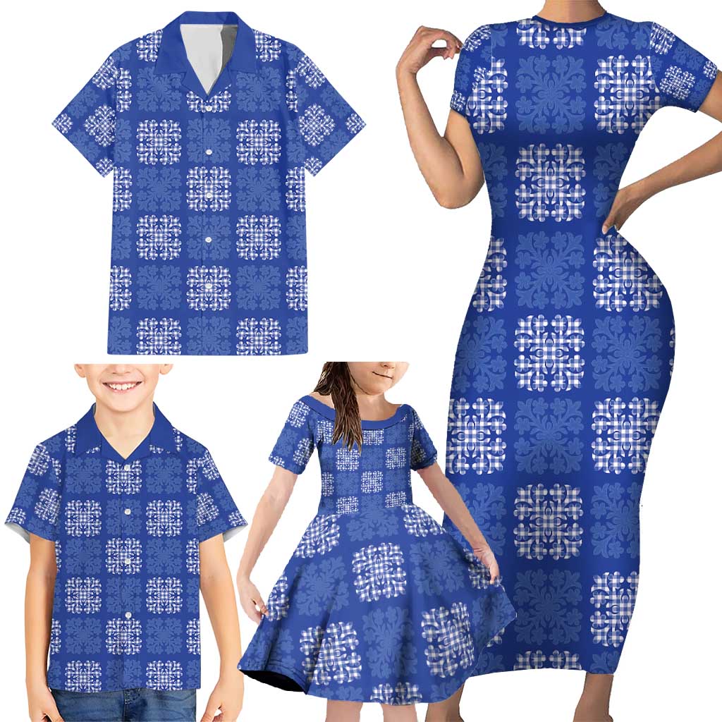 Royal Blue Palaka Quilt Hawaii Family Matching Short Sleeve Bodycon Dress and Hawaiian Shirt Traditional Hawaii-plaid Pattern LT14 - Polynesian Pride