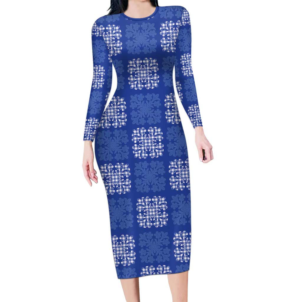 Royal Blue Palaka Quilt Hawaii Long Sleeve Bodycon Dress Traditional Hawaii-plaid Pattern - Polynesian Pride