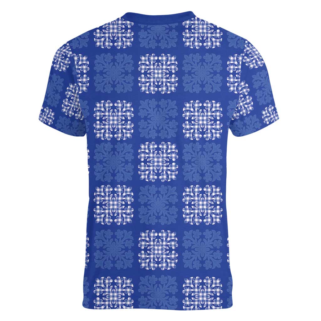 Royal Blue Palaka Quilt Hawaii Women V-Neck T-Shirt Traditional Hawaii-plaid Pattern - Polynesian Pride
