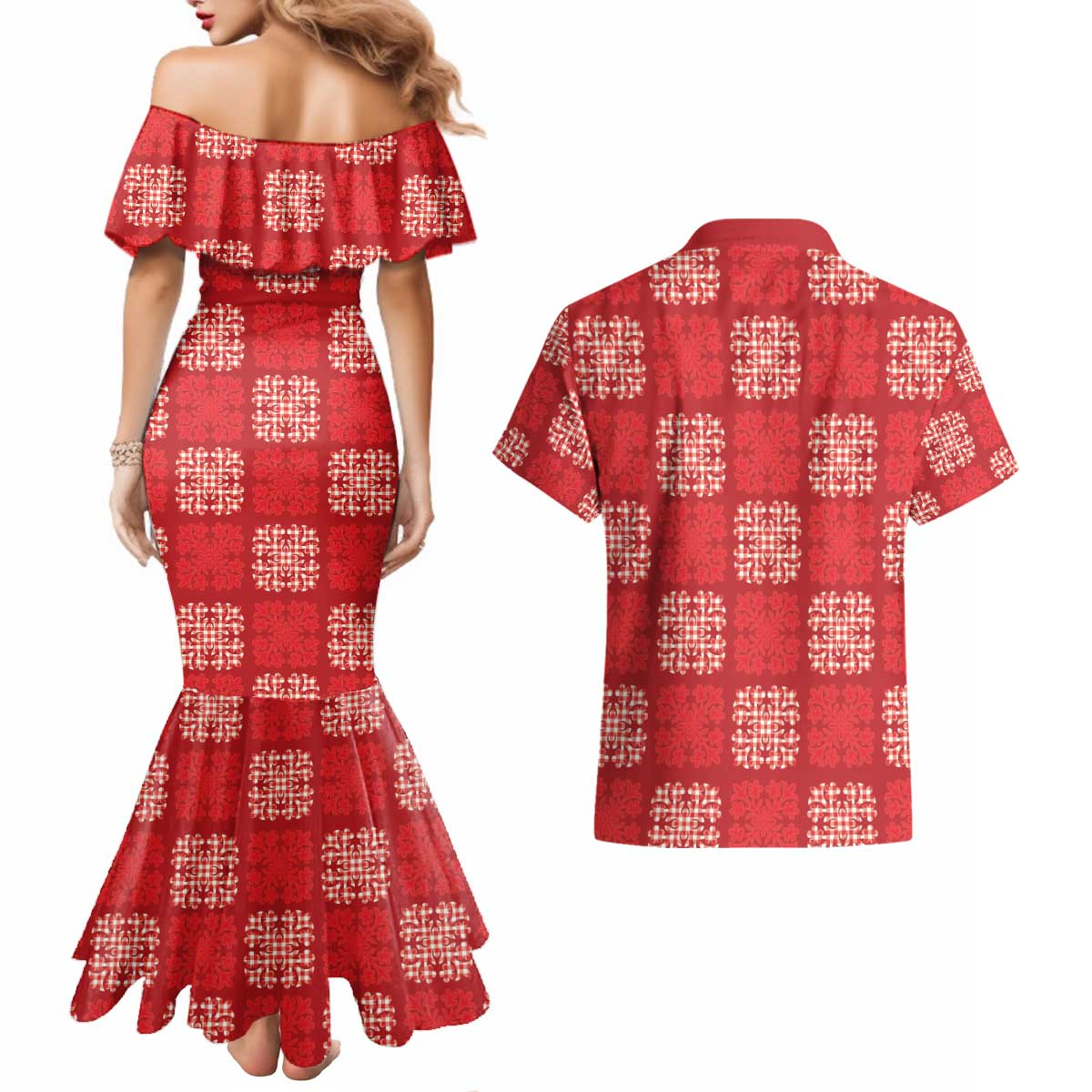 Red Palaka Quilt Hawaii Couples Matching Mermaid Dress and Hawaiian Shirt Traditional Hawaii-plaid Pattern - Polynesian Pride