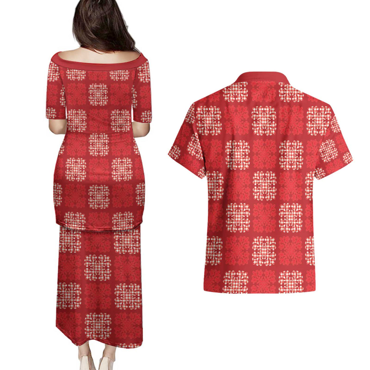 Red Palaka Quilt Hawaii Couples Matching Puletasi and Hawaiian Shirt Traditional Hawaii-plaid Pattern - Polynesian Pride