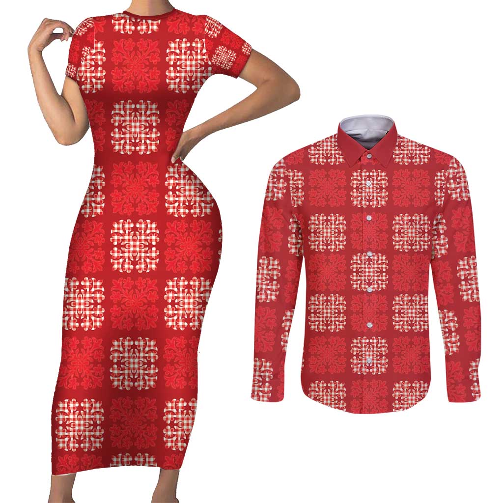 Red Palaka Quilt Hawaii Couples Matching Short Sleeve Bodycon Dress and Long Sleeve Button Shirt Traditional Hawaii-plaid Pattern LT14 Red - Polynesian Pride