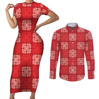 Red Palaka Quilt Hawaii Couples Matching Short Sleeve Bodycon Dress and Long Sleeve Button Shirt Traditional Hawaii-plaid Pattern LT14 Red - Polynesian Pride