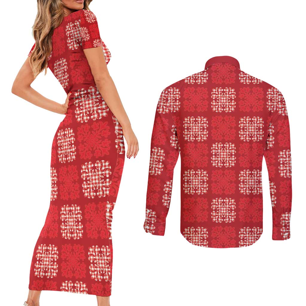 Red Palaka Quilt Hawaii Couples Matching Short Sleeve Bodycon Dress and Long Sleeve Button Shirt Traditional Hawaii-plaid Pattern LT14 - Polynesian Pride