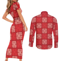 Red Palaka Quilt Hawaii Couples Matching Short Sleeve Bodycon Dress and Long Sleeve Button Shirt Traditional Hawaii-plaid Pattern LT14 - Polynesian Pride
