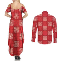 Red Palaka Quilt Hawaii Couples Matching Summer Maxi Dress and Long Sleeve Button Shirt Traditional Hawaii-plaid Pattern - Polynesian Pride