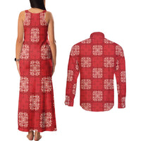 Red Palaka Quilt Hawaii Couples Matching Tank Maxi Dress and Long Sleeve Button Shirt Traditional Hawaii-plaid Pattern LT14 - Polynesian Pride