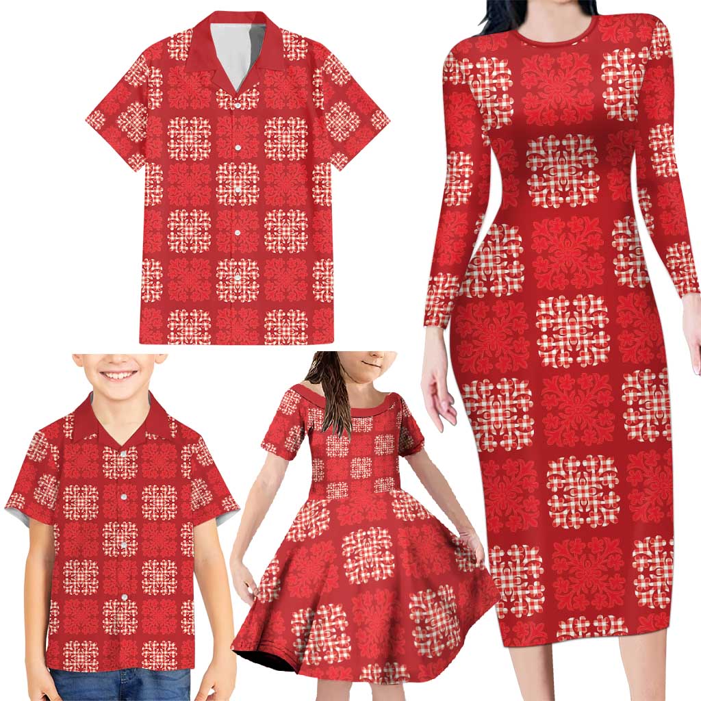 Red Palaka Quilt Hawaii Family Matching Long Sleeve Bodycon Dress and Hawaiian Shirt Traditional Hawaii-plaid Pattern LT14 - Polynesian Pride