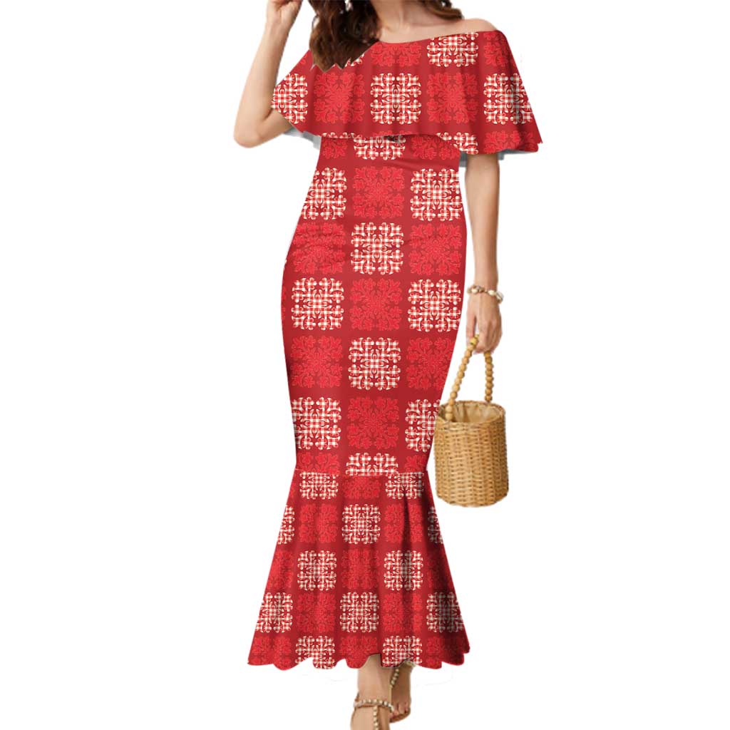 Red Palaka Quilt Hawaii Family Matching Mermaid Dress and Hawaiian Shirt Traditional Hawaii-plaid Pattern - Polynesian Pride