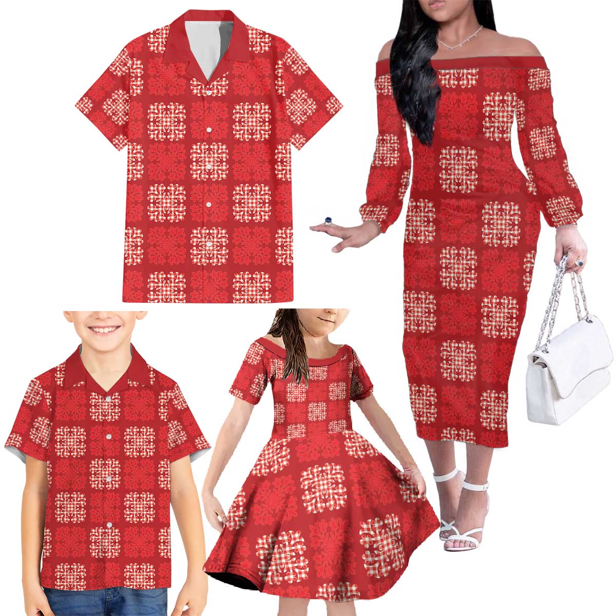 Red Palaka Quilt Hawaii Family Matching Off The Shoulder Long Sleeve Dress and Hawaiian Shirt Traditional Hawaii-plaid Pattern LT14 - Polynesian Pride