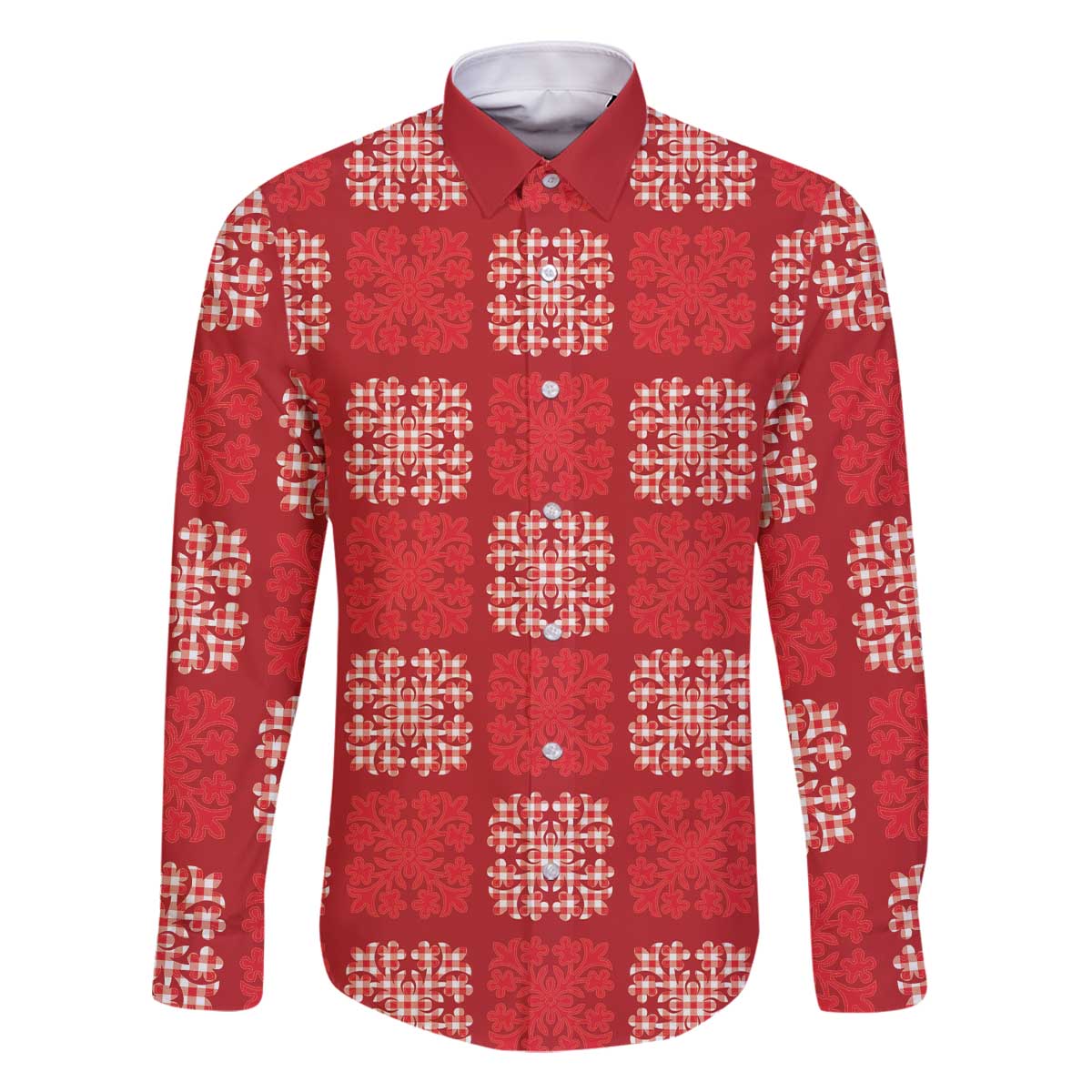 Red Palaka Quilt Hawaii Family Matching Off The Shoulder Long Sleeve Dress and Hawaiian Shirt Traditional Hawaii-plaid Pattern LT14 Dad's Shirt - Long Sleeve Red - Polynesian Pride