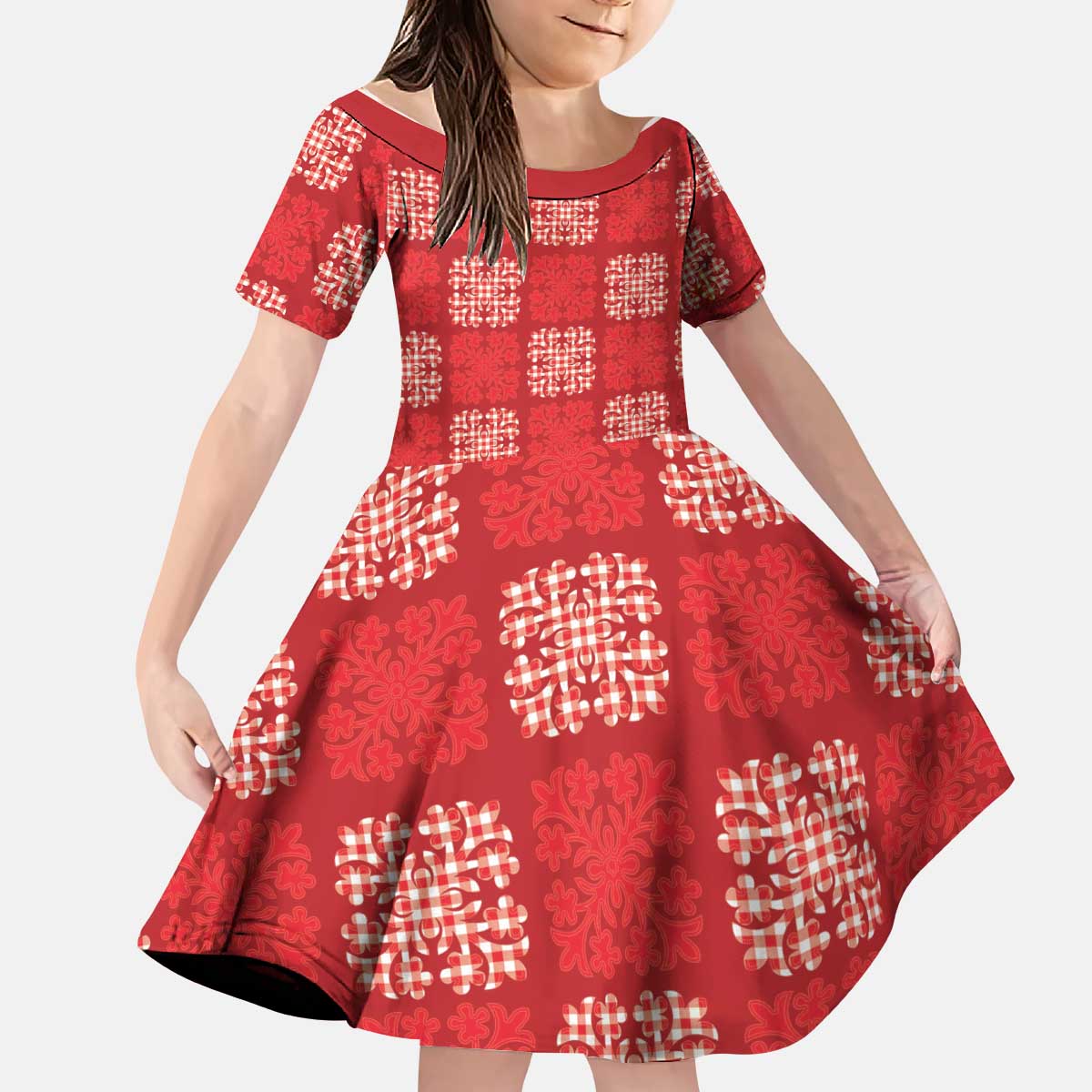 Red Palaka Quilt Hawaii Kid Short Sleeve Dress Traditional Hawaii-plaid Pattern - Polynesian Pride
