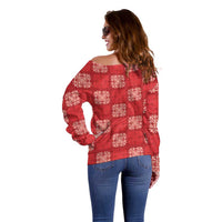 Red Palaka Quilt Hawaii Off Shoulder Sweater Traditional Hawaii-plaid Pattern - Polynesian Pride
