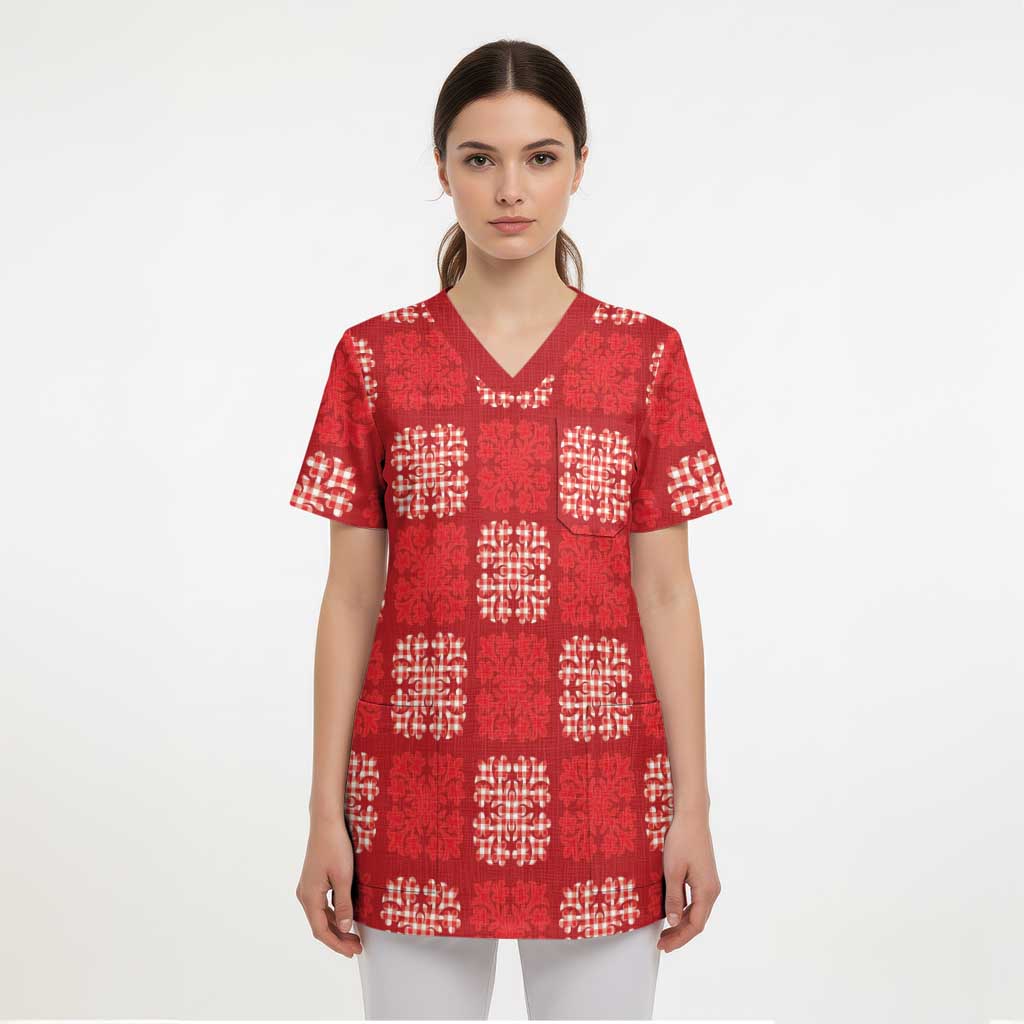 Red Palaka Quilt Hawaii Scrub Top Traditional Hawaii-plaid Pattern - Polynesian Pride
