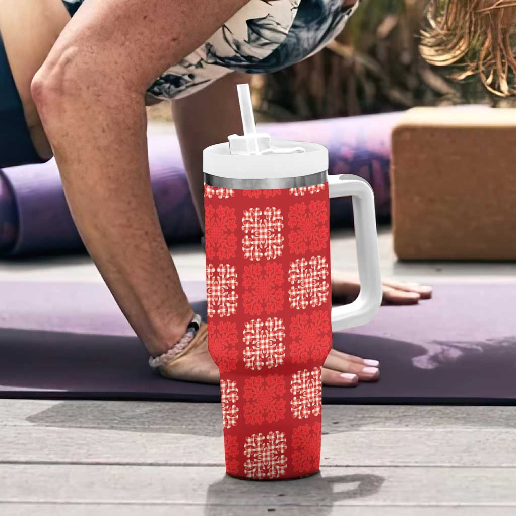 Red Palaka Quilt Hawaii Tumbler With Handle Traditional Hawaii-plaid Pattern - Polynesian Pride