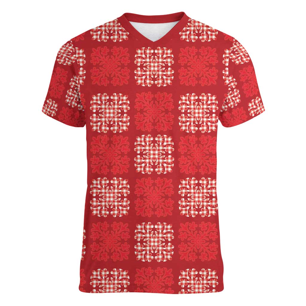 Red Palaka Quilt Hawaii Women V-Neck T-Shirt Traditional Hawaii-plaid Pattern - Polynesian Pride
