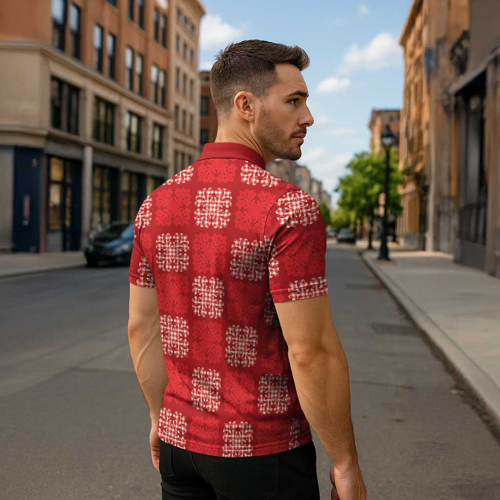 Red Palaka Quilt Hawaii Zipper Polo Shirt Traditional Hawaii-plaid Pattern - Polynesian Pride
