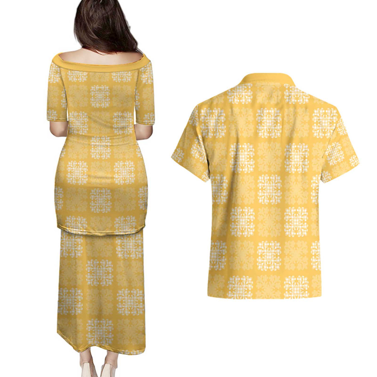 Yellow Palaka Quilt Hawaii Couples Matching Puletasi and Hawaiian Shirt Traditional Hawaii-plaid Pattern - Polynesian Pride