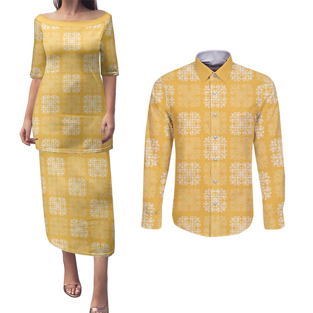 Yellow Palaka Quilt Hawaii Couples Matching Puletasi and Long Sleeve Button Shirt Traditional Hawaii-plaid Pattern - Polynesian Pride