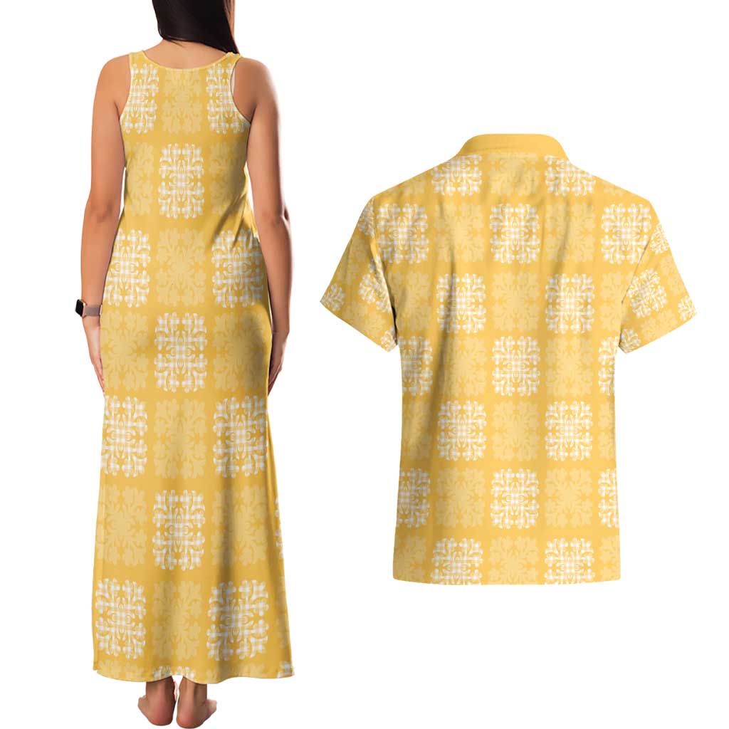 Yellow Palaka Quilt Hawaii Couples Matching Tank Maxi Dress and Hawaiian Shirt Traditional Hawaii-plaid Pattern - Polynesian Pride