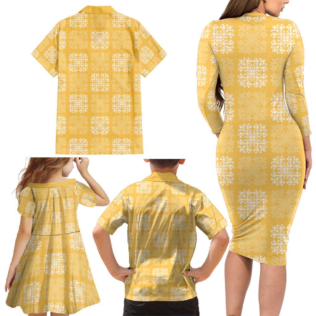 Yellow Palaka Quilt Hawaii Family Matching Long Sleeve Bodycon Dress and Hawaiian Shirt Traditional Hawaii-plaid Pattern LT14 - Polynesian Pride