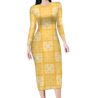 Yellow Palaka Quilt Hawaii Family Matching Long Sleeve Bodycon Dress and Hawaiian Shirt Traditional Hawaii-plaid Pattern LT14 Mom's Dress Yellow - Polynesian Pride