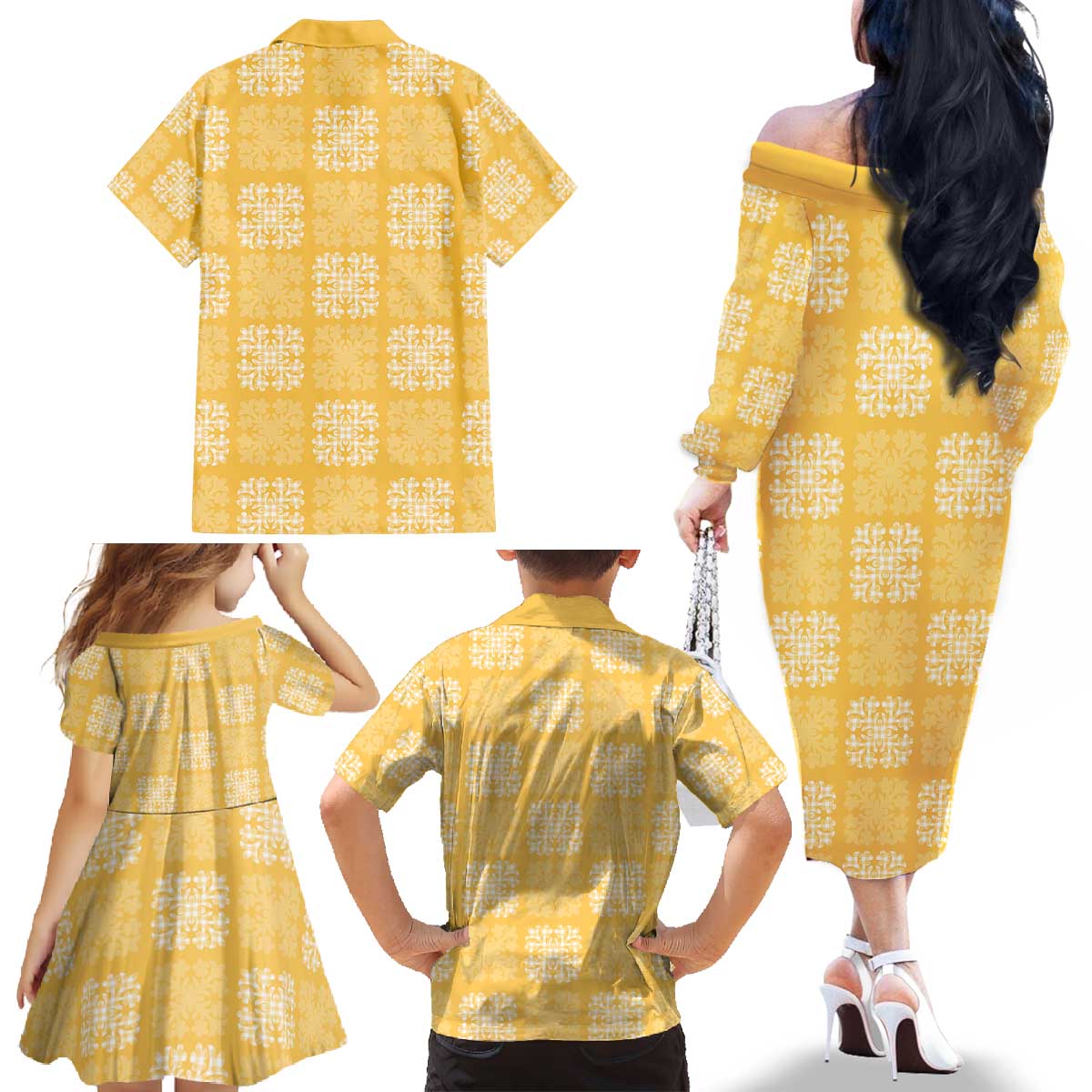 Yellow Palaka Quilt Hawaii Family Matching Off The Shoulder Long Sleeve Dress and Hawaiian Shirt Traditional Hawaii-plaid Pattern LT14 - Polynesian Pride